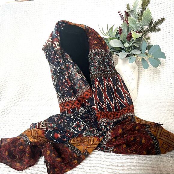 Boho Print Cotton Oversized Scarf Shawl Gold Blue Red 34”x69” - Picture 1 of 10